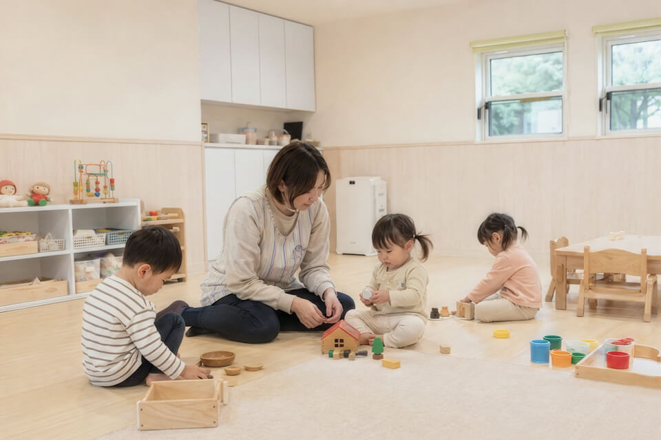 保育士と一緒に遊ぶ子どもたち