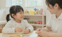 保育士と向かい合って笑顔で話す園児